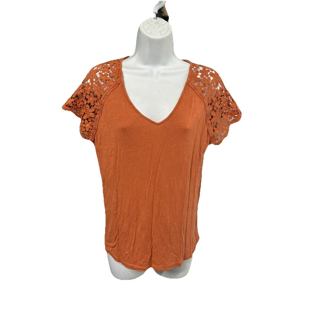 Moral‎ Fiber Women's Large Orange V Neck Top Stretch Autumn Coquette Goblincore